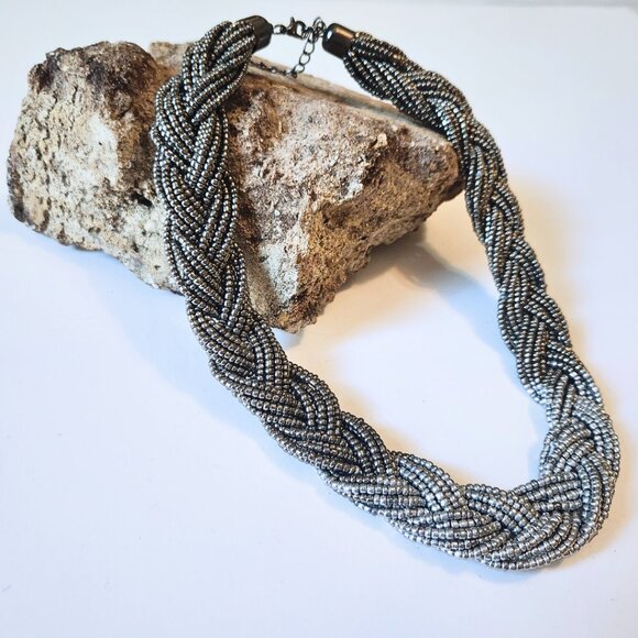 Silver Ombre Braided Collar Necklace | Y2K Glam Statement Necklace - Picture 2 of 5